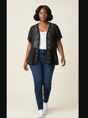 Black Sheer Open-Front Short Sleeve Jacket